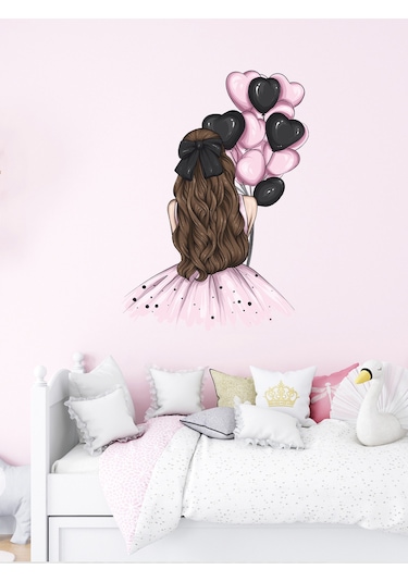Çocuk Odası Pembe Elbiseli, Pembe Siyah Balonlu Kız Cam, Duvar Sticker