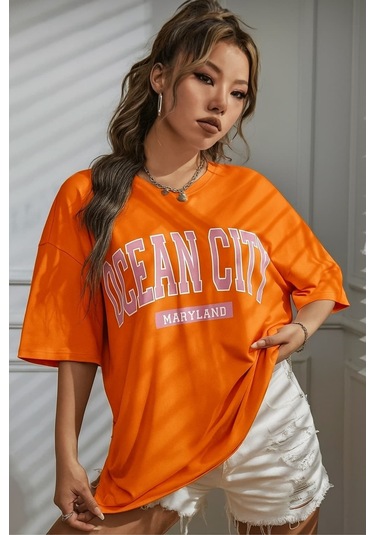 Ocean Cıty Baskılı Oversize Unisex Tişört Turuncu
