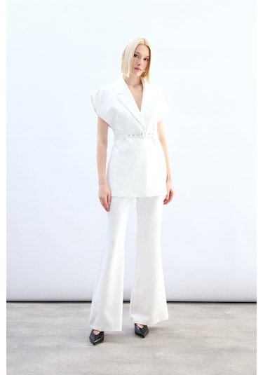 Sateen Kemerli Uzun Yelek - Ekru-136852 Ekru