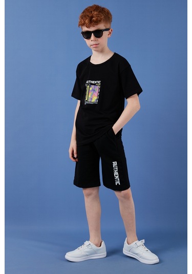 Lela Pamuklu Regular Fit Bisiklet Yaka Şortlu Alt-Üst Erkek Çocuk Takım 6212011 Siyah