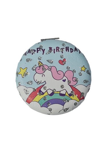 Gigi Panda Happy Birthday Yazılı Unicorn Tekboynuz Desenli Katlanır Yuvarlak Makyaj Aynası