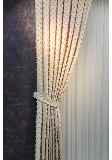 Pastel Püsküllü Fon Perde Krem Renk - Modern Ve Neşeli Tasarım Krem