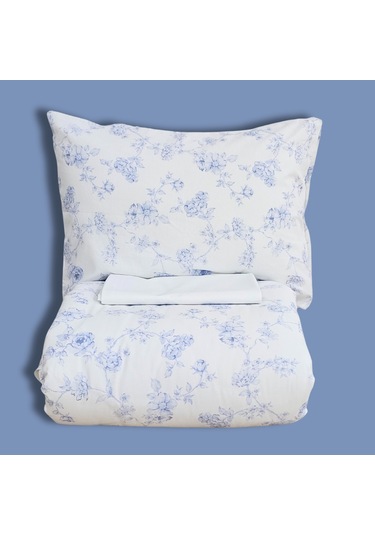 Çift Kişilik %100 Pamuk Mavi Çiçek Nevresim Takımı | Mavi & Beyaz | 4 Parça | Yumuşak Dokulu