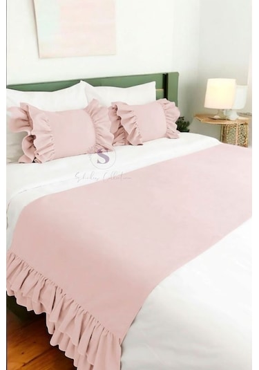 Yatak Runner & Iç Dolgulu Kırlent Seti Çift Kişilik Fırfırlı Toz Pembe Pembe