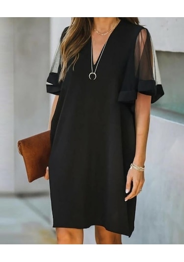 Kadın Tüllü Kısa Kollu V Yaka Krep Elbise Siyah