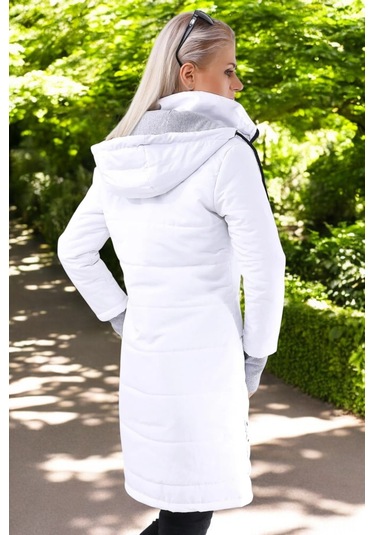 Kışlık Eldiven Detaytlı Kapüşonlu Uzun Şişme Kadın Mont Beyaz