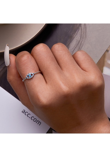 S925 Sterling Silver Turquoise Devil Eye Women Ring, Size:6 Çok Renkli