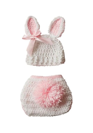 Yenidoğan Bebek Kız Erkek Tığ Örgü Kostüm Fotoğraf Fotoğraf Sahne Şapka Kıyafet Beyaz - Pembe