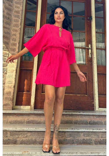 Fuşya Yaka Detaylı Kloş Elbise Fuşya