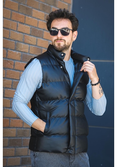 Oxfo Suya Dayanıklı Cepli Dik Yaka Erkek Şişme Deri Yelek Siyah