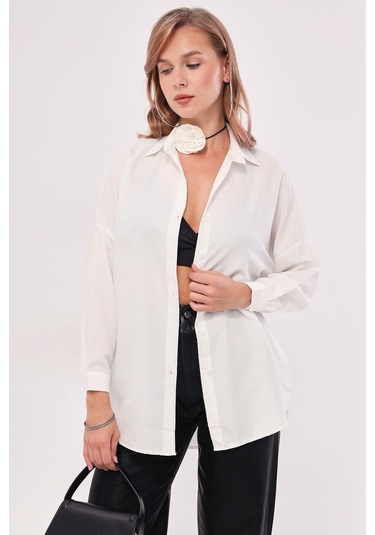 Armonika Kadın Ekru Oversize Uzun Basic Gömlek Arm-22y001118