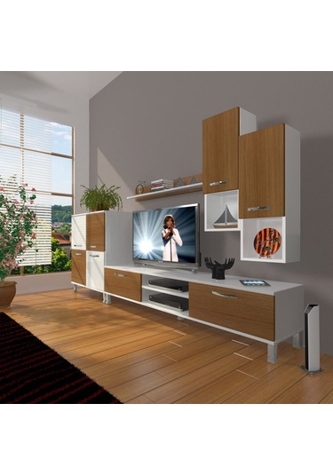 Decoraktiv Eko 6da Mdf Dvd Krom Ayaklı Tv Ünitesi Tv Sehpası Beyaz - Ceviz