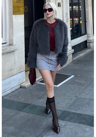 Madmext Antrasit Bisiklet Yaka Kadın Suni Kürk Mont Mg2176 Antrasit