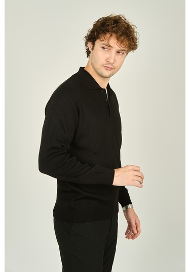 Ateş Triko Erkek Polo Yaka Düğmeli Yün Kazak 6091023 Siyah Siyah