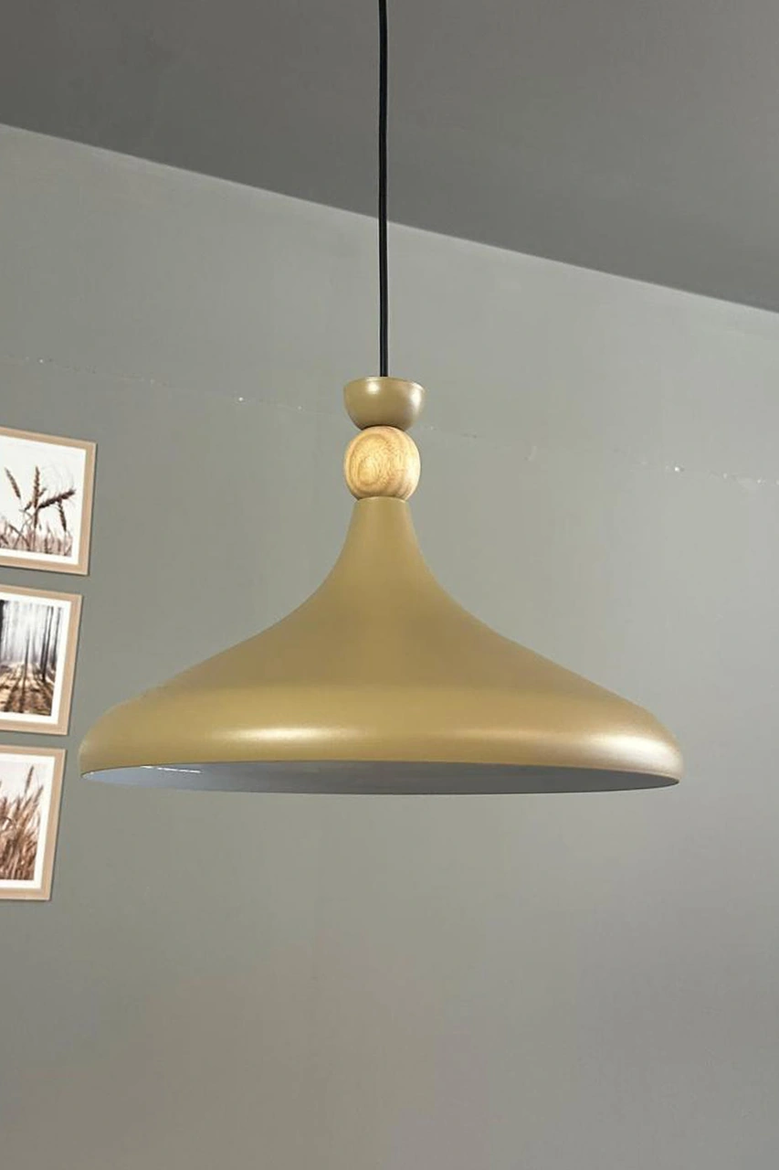 Bej Ahşap Şapka Tekli Avize Sarkıt Salon Mutfak Cafe Butik Lamba Aydınlatma Avizeler Bej