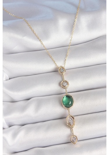 Pirinç Zincir Zümrüt Yeşil Gold Renk Zirkon Taşlı Y Kolye Çok Renkli