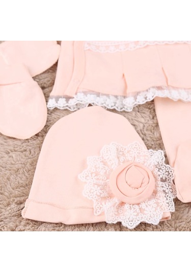 Çiçekli Araba Nakışlı Dantelli 5'li Kız Bebek Hastane Çıkışı 0-3 Ay Somon Somon