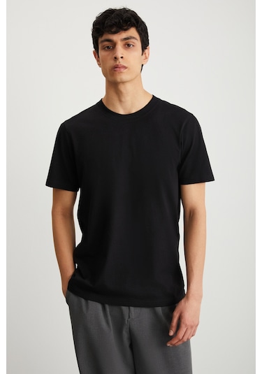 Mıchel Erkek Slim Fit Dar Kesim %100 Organik Pamuklu Yana Kayan Dikişli Basic Örme Siyah T-shirt