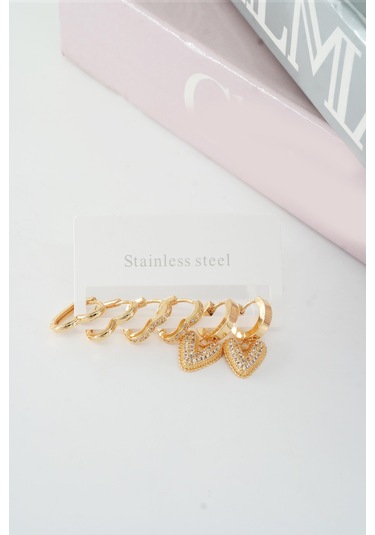 By Zeyna Aksesuar Kadın Vip Seri Baget Zirkon Taşlı Kalp Model Klipsli 6'lı Set Küpe-5107 Altın