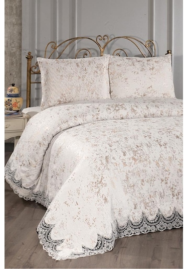 Fransız Güpürlü Çeyizlik Yatak Örtüsü Bulut Cappucino Capucino