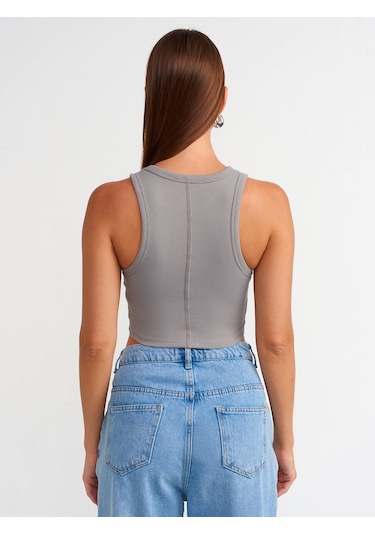 Dilvin Dikiş Efektli Crop Top Gri