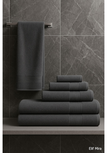 6 Parça Banyo Havlusu Seti Pamuklu 70x140 Cm Serenio Antrasit-Antrasit