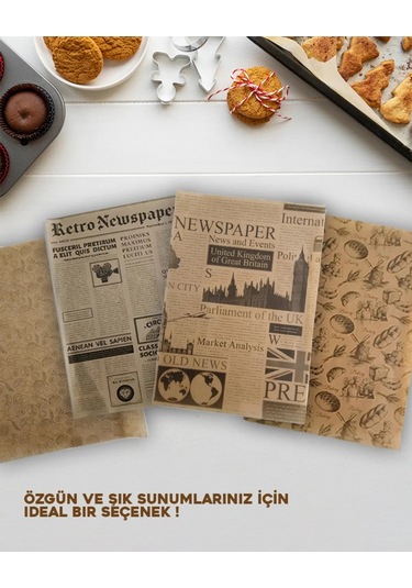 50 Adet Kendinden Desenli Yağlı Kağıt Vintage Gazete Desen Servis