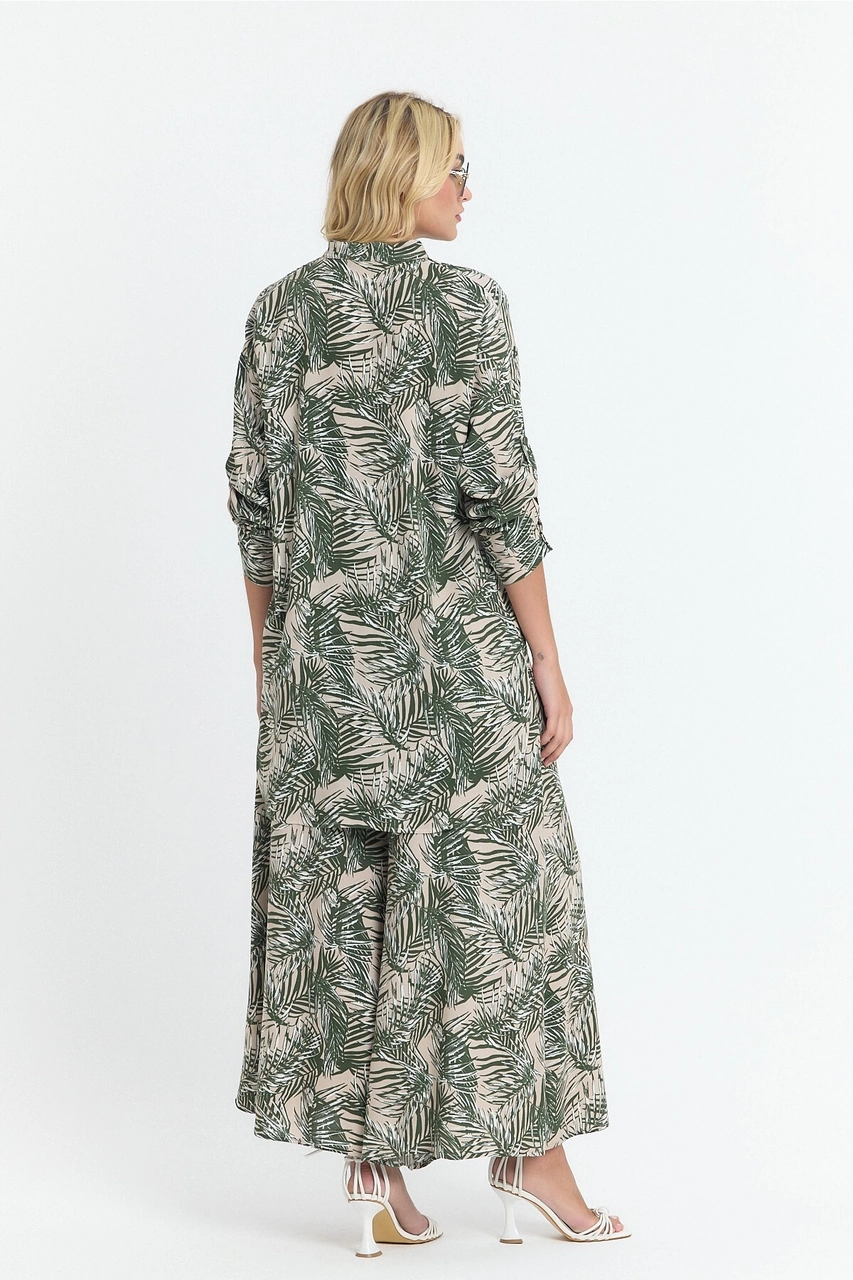 Schık Kadın Viskon Rahat Bol Paça Truvakar Kol Önü Düğme Baskılı Takım Haki