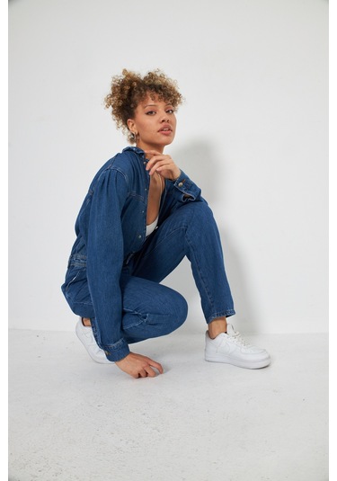 Denim Rahat Kalıp Cıt Cıt Kapamalı Tulum Koyu Mavi