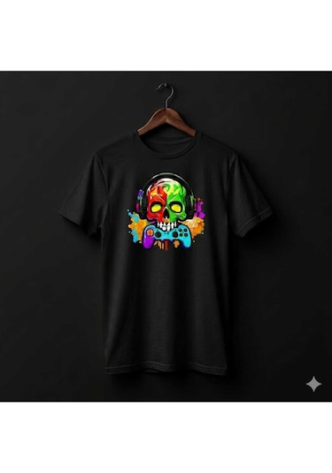 Erkek Kuru Kafa Oyun Konsolu Baskılı Pamuklu T-shirt Siyah