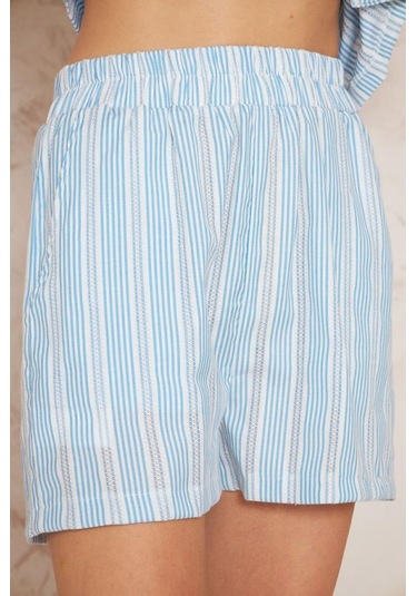 Kadın Özel Kumaş Ceket Yaka Beli Lastikli Kısa Kol Gömlek Cepli Şort Takım 3625290 Mavi-Beyaz
