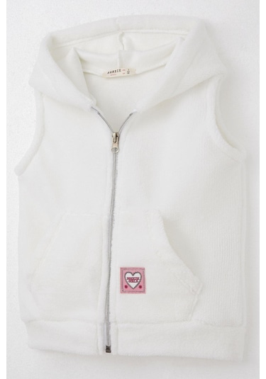 Breeze Kız Çocuk Polar Yelek Kalp Armalı Kapüşonlu Cepli 3-8 Yaş, Beyaz Beyaz