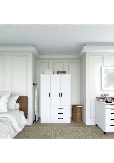Easy Mat Beyaz 3 Kapılı 3 Çekmeceli Çok Amaçlı Elbise Dolabı Beyaz
