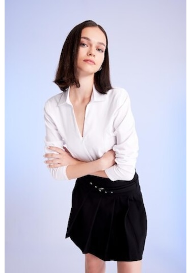 Defacto Yüksek Bel Basic Düz Kemerli Pileli Siyah Mini Etek D4470AX24AUBK27 Siyah