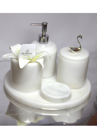 Akmera Afyon Beyazı Mermer 5 Parça Lüks Banyo Aksesuarı Beyaz