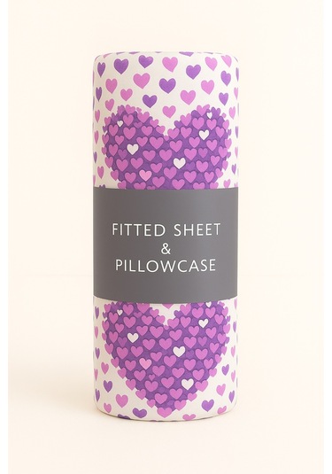 Desenli 120lik Mor Kalp Lastikli Çarşaf Ve Yastık Kılıfı Pembe