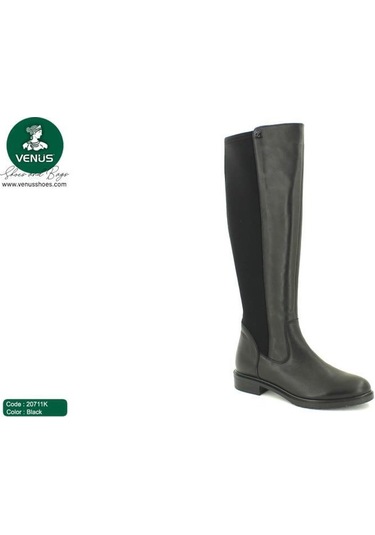 Venüs 20711k Düz Topuk Streç Detaylı Günlük Deri Kadın Çizme Siyah