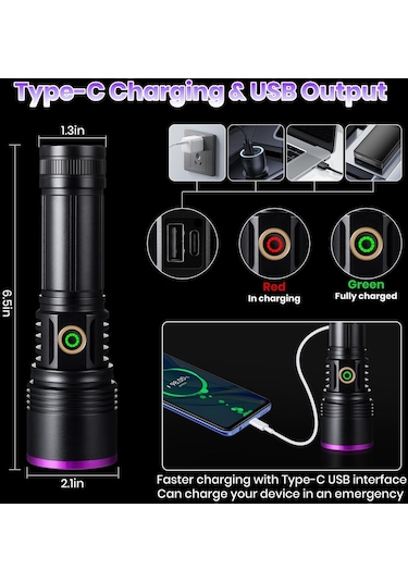 20w 365nm Profesyonel Güçlü Mor Uv Işık El Feneri Evcil Hayvan İd