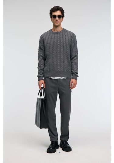 Grımelange Vıntlace Erkek Yuvarlak Yaka Saç Örgü Desenli Regular Fit Triko Antrasit Kazak Antrasit