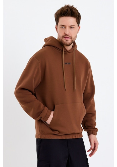 JAHR MARC Kahverengi Nakışlı Oversize Erkek Sweatshirt Kahverengi
