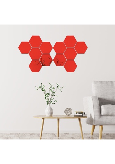 Hangfox Kırmızı 4cm Kenar Hexagon Akrilik Duvar Sticker, Nem Ve Çürüme Dayanıklı, Dıy Dekorasyon, Ayna Efekti, 12 Adet Paket Diğer