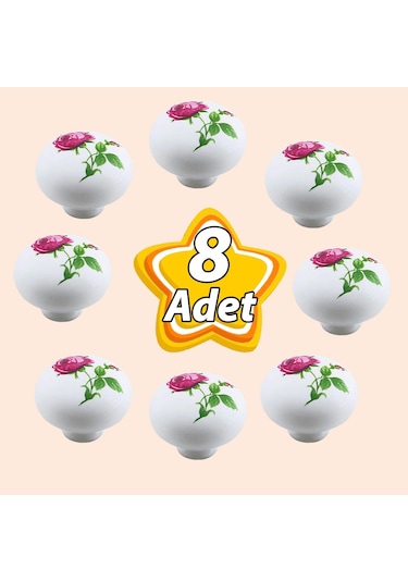 8 Adet Pembe Gül Desenli Beyaz Polimer Düğme Kulp Mantar Mobilya Mutfak Dolabı Çekmece Kulbu Kulpları