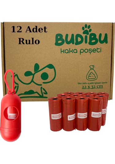 Budibu Köpek Kaka Poşeti Dışkı Torbası12 Rulo + Taşıma Çantası Kırmızı
