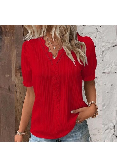 Kırmızı Yaz Kadın T-shirt Moda Hollow Kısa Kollu Kadın Gömlek Tops Kırmızı