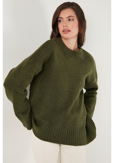 Lela Regular Fit Bisiklet Yaka Basic Triko Bayan Kazak 4616213 Haki