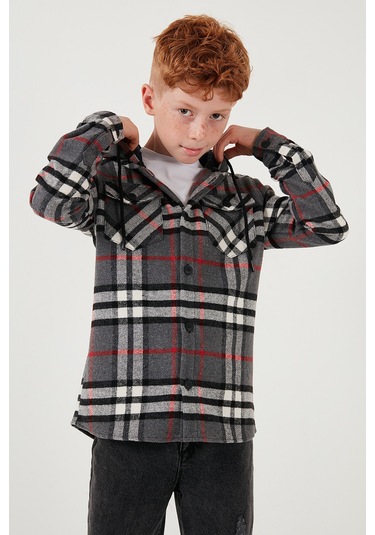 Lela Kapüşonlu Çift Cepli Ekoseli Oduncu Erkek Çocuk Gömlek Cf25W81786 Antrasit