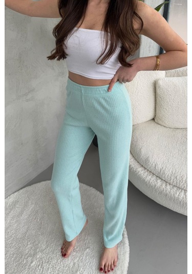 Kadın Su Yeşili Yüksek Bel Fitilli Bol Paça Günlük İnce Eşofman Altı Su Yeşili