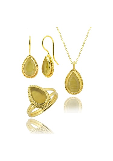 Beyisa Güneş Taşı Serisi Sarma Damla Kesim Renkli Oniks 22 Ayar Altın Kaplama Kadın Üçlü Set 925 Ayar Gümüş Zincirli