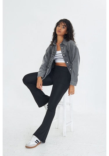 Lesa Wear Yüksek Bel Toparlayıcı Ve Sıkılaştırıcı Likralı Çift Cepli Ispanyol Paça Tayt Bootcut Siyah