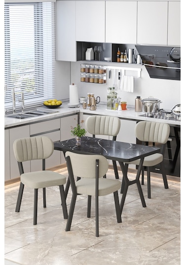 Parla 70x110cm Siyah Mermer Mutfak Masası, Mutfak Masası Takımı, Yemek Masası, 4 Krem Sandalye Krem